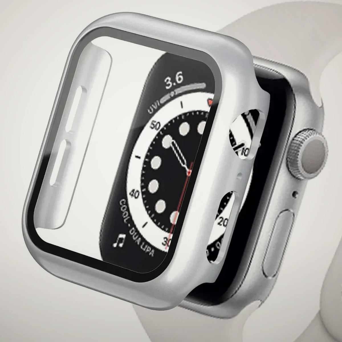 Funda plata con cristal templado puesta en un Apple Watch