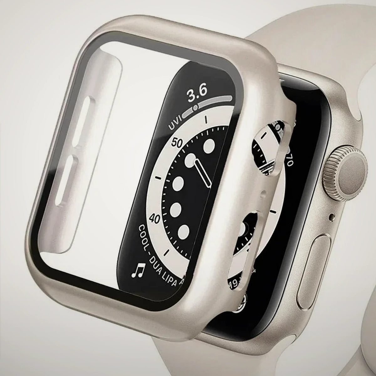 Funda blanco estrella con cristal templado puesta en un Apple Watch