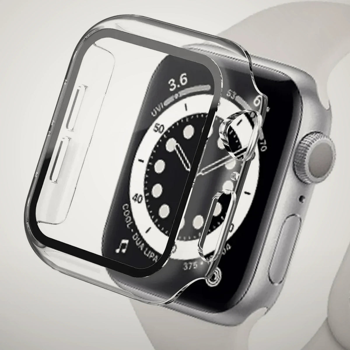 Funda transparente con cristal templado puesta en un Apple Watch